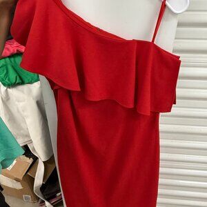 Vince Camuto Red One Shoulder Ruffle Cocktail Dress Red Stretch Sz 12